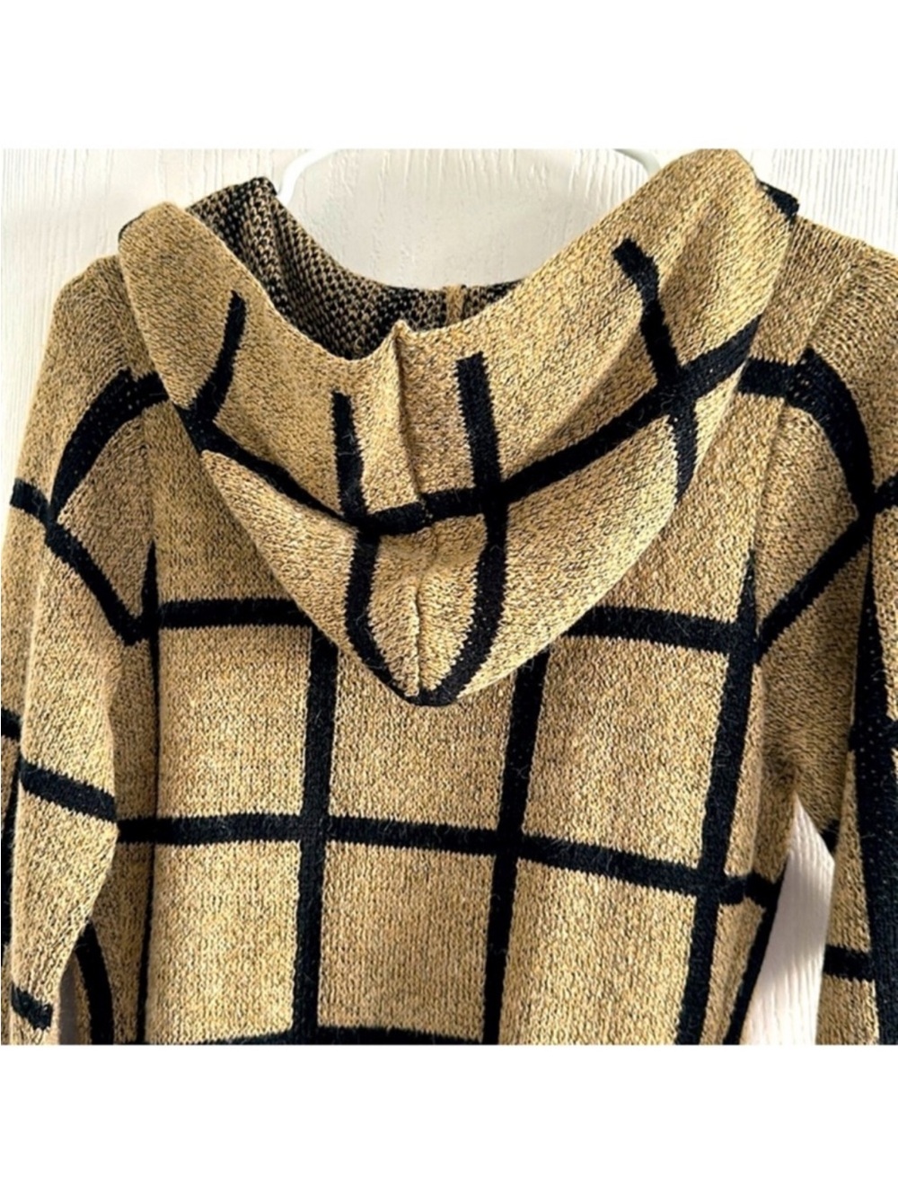 Long Hooded Grid-Pattern Cardigan - Camel/Black Size S - Picture 7 of 7